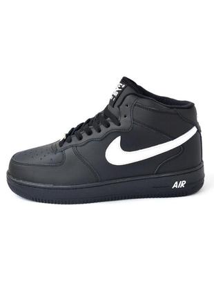 Nike air force 1 черные с белым мужские зимние кроссовки высок...