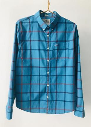 Шикарная рубашка hollister в клетку, синего цвета, размер l