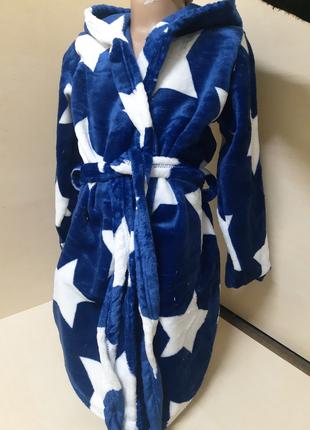 Подростковый махровый халат для мальчика синий Звезды 134 140 146