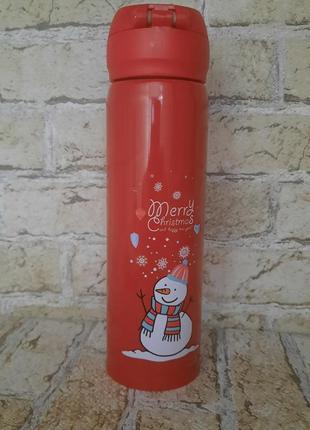 Рождественский термос с поильником Снеговик на 500 мл красный