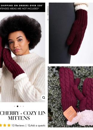 Just cozy стильные вязаные теплые перчатки варежки бордо