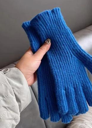 В'язані теплі рукавички довгі Синій (3532)