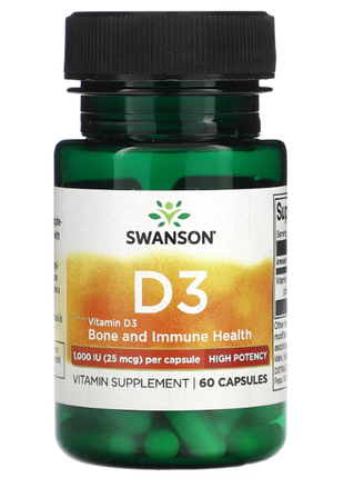 Вітамін d3, 25 мкг (1000 мо), 60 капсул. usa.  swanson health