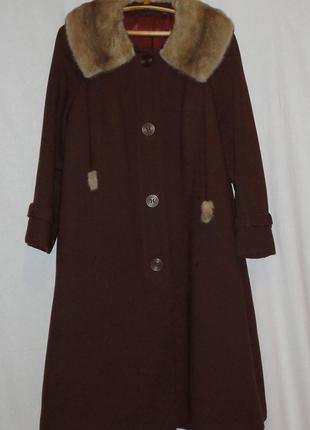 Зимнее женское пальто шерстяное с норковым воротником