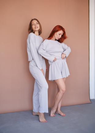 Женский комплект пижама тройка: кофта, шорты и брюки в рубчик ...