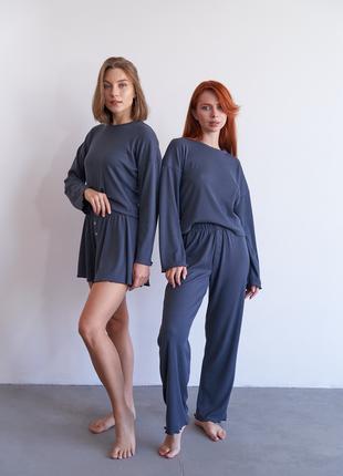 Женский комплект пижама тройка: кофта, шорты и брюки в рубчик ...