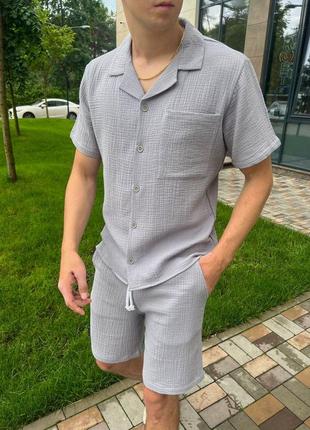 Мужской спортивный костюм шорты + рубашка серый