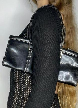 Черная сумка сумочка маленькая багет искусственная кожа лаковая