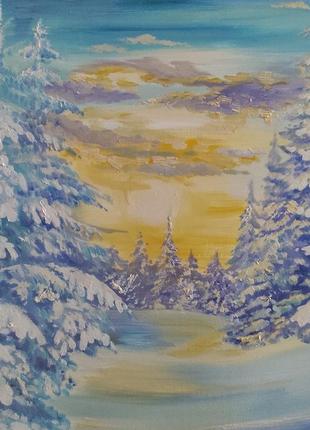 Картина олією зимовий пейзаж. зима. новий рік