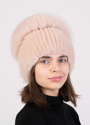 Вязаная женская зимняя норковая шапка цвета пудры