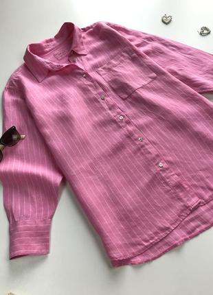 Льняная розовая рубашка в полоску