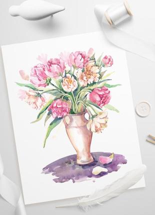Яркая картина интерьерная постер с цветами тюльпанами пионами ...