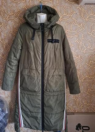 (1235) зимнее пальто monica с капюшоном хаки  /размер  48