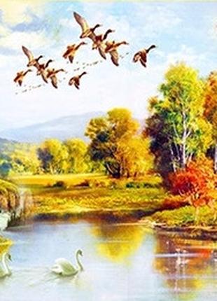 Набір для вишивання хрестом пейзаж осінь озеро будиночок лебед...
