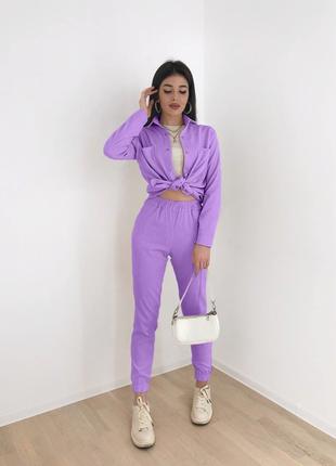 Вельветовый костюм (брюки пояс на резинке+рубашка) фиолетовый