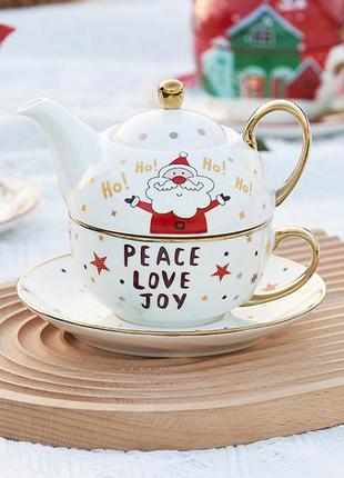 Чайный набор новогодний заварник и чашка с блюдцем peace love ...
