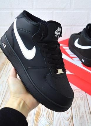 Чоловічі шкіряні зимові кросівки з хутром чорні nike air force 1