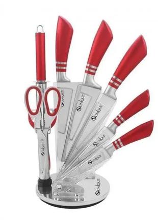 Набор кухонных ножей UNIQUE UN-1832 с красной рукояткой и подс...