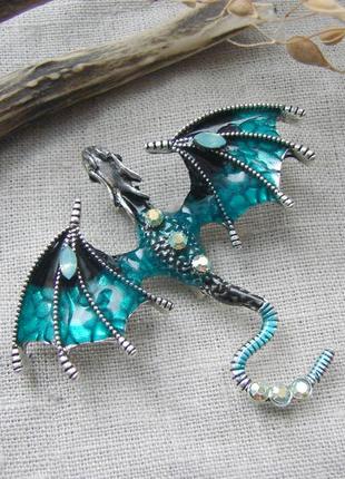 Брошь бирюзовый дракон брошка с драконом цвет серебро бирюза