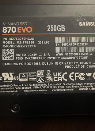 SSD Samsung 870 EVO 250GB 2.5" SATA3 V-NAND 3-bit MLC Б/У