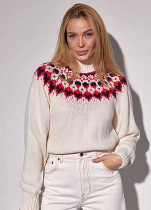 Укороченный вязаный свитер с орнаментом - молочный цвет, L
