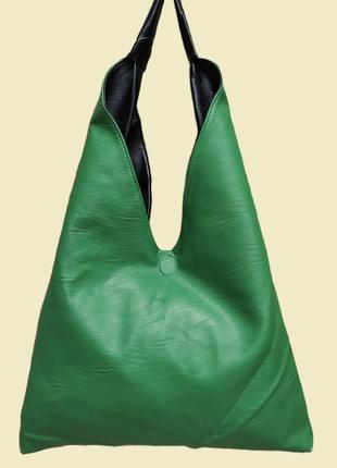 Сумка женская мешок черно-зеленая стильная двухсторонняя