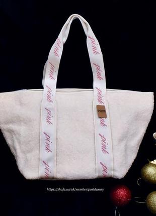 Біла сумка шерпа, овчина, тоут, шоппер victoria's secret pink,...