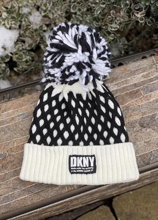 Dkny стильная шапка бини с помпоном черно-белая оригинал