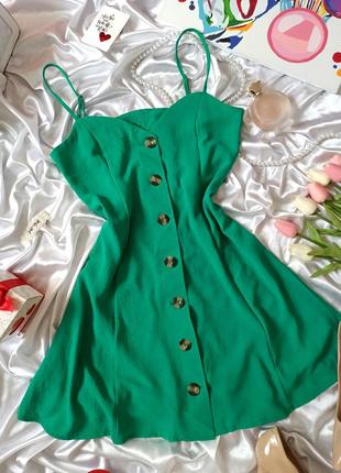 Зеленое летнее сарафан платье на пуговицах жатка