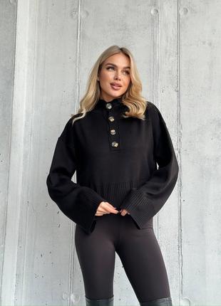 Укорочений светр із широкими рукавами + планка з ґудзиками чорний