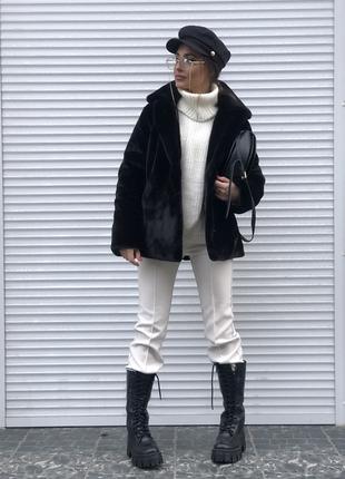 Эко-шуба Mini с капюшоном женская черная 65 см, размер XL