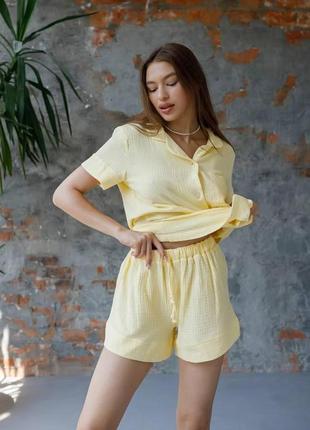 Женская пижама из муслина, рубашка + шорты желтая