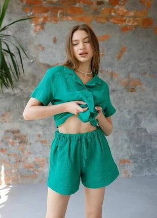 Женская пижама из муслина, рубашка + шорты зеленая