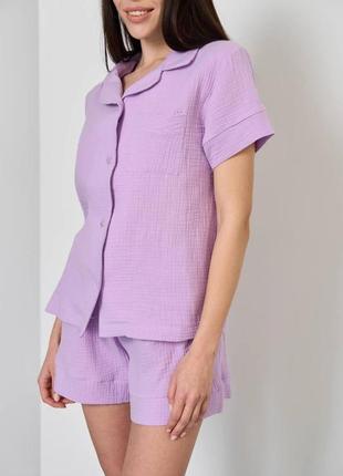 Женская пижама из муслина, рубашка + шорты лавандовая