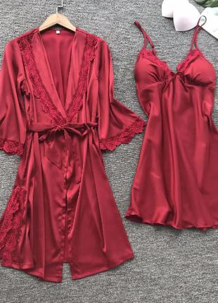 Комплект атласный домашний халат + ночная сорочка Красный Разм...