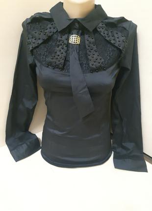 Блуза женская шелковая Галстук и Жемчужины черная 42 44 46