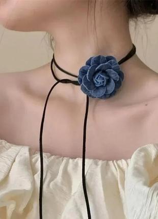Чокер цветок на шею синяя джинсовый цветочек колье пояс повязка