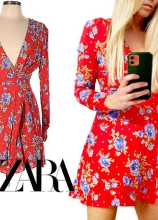 Яркое красное вискозное платье халат на запах вискозный zara