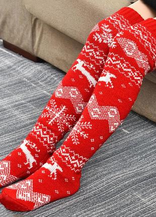Длинные носки зимние красные 1437 очень теплые гольфы со снежи...