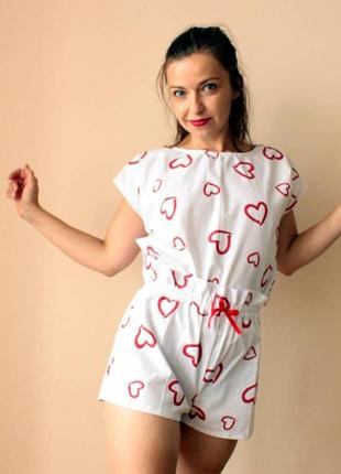 Женская хлопковая пижама с сердечками футболка и шорты