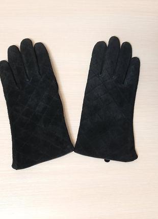 Кожаные замшевые стёганные перчатки на флисе