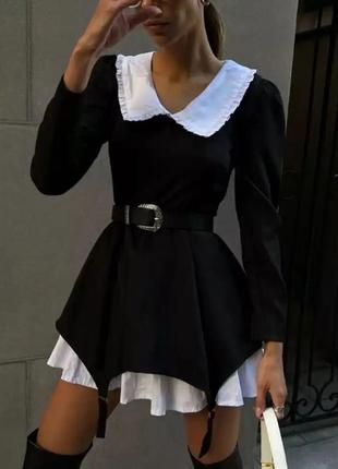 Платье черная стильная модная короткая с длинным рукавом с бел...
