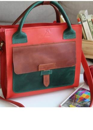 Женская сумка красная с зеленым и коричневым из кожи меловые х...