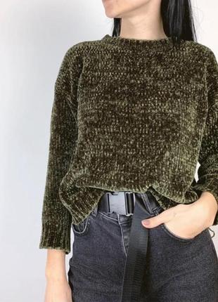 Зеленый велюровый плюшевый свитер хаки широкая горловина s m l...
