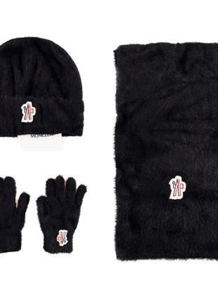 Комплект стильный теплый женский шапка + шарф+ перчатки черный...