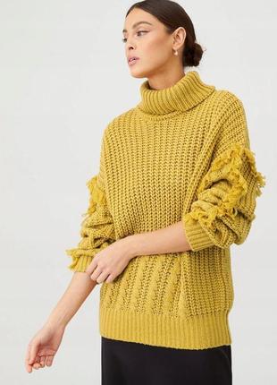 Теплый женский свитер крупной вязки горчичного цвета, м