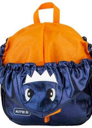 Дитячій синій рюкзак kite black dino з капюшоном дракон