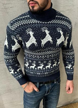 Гольф теплый мужской свитер с горловиной принт с оленями н5021...