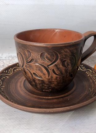 Кофейная чашка Керамклуб с блюдцем из красной глины