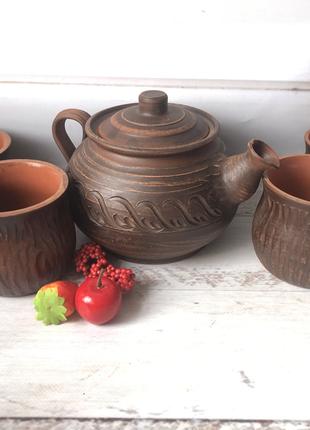 Глиняный чайный набор заварник и 4 чашки